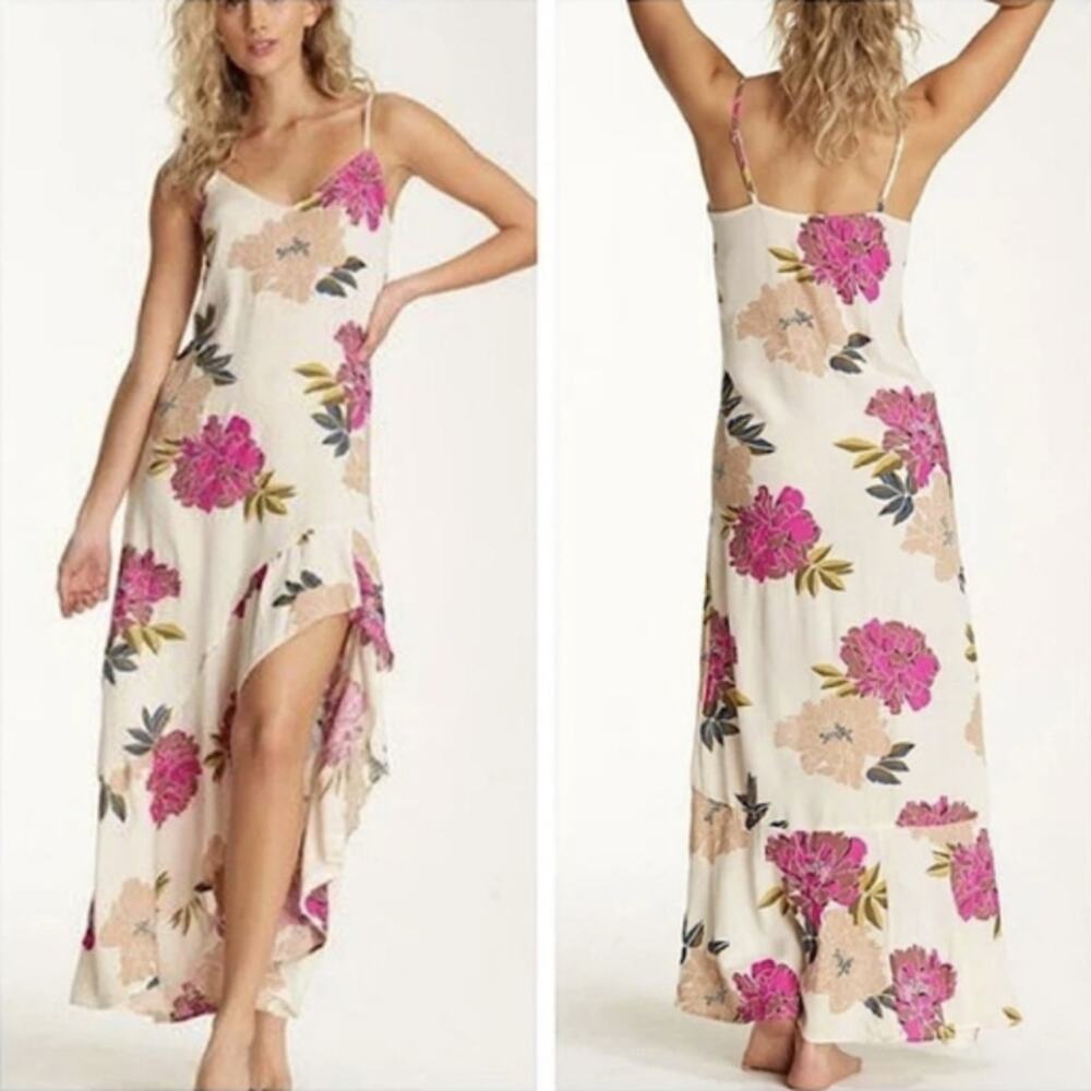 Billabong Kick It Up Tropical Floral Maxi High Low Dress Cream Pink Green Small